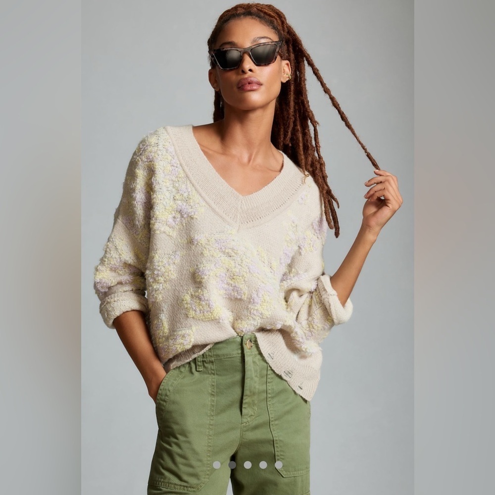 Anthropologie - Beige, Textured, Boxy, Cropped, Oversized, V-Neck Sweater XS O13